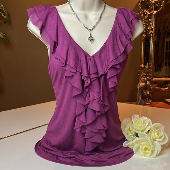 🍇EXPRESS WINE COLORED RUFFLED V NECK TOP SIZE SMALL PETITE - Picture 3 of 13